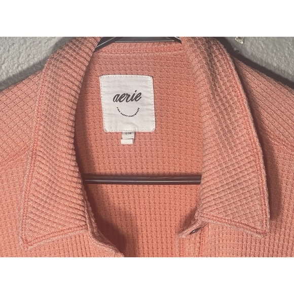 Aerie Waffle Knit Oversized Button Down Pockets Size LG Coral Pink Hue Warm Up - Picture 5 of 8